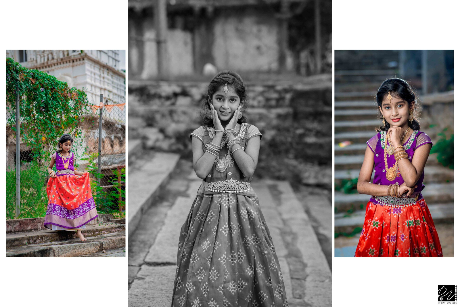 Girl in traditional half saree smiling gracefully during her pre-saree ceremony shoot, adorned with floral jewelry.