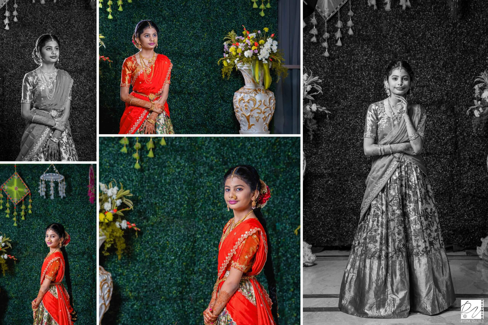 “Wide-angle portrait of a girl in a traditional saree, standing gracefully with serene surroundings during her saree ceremony.”